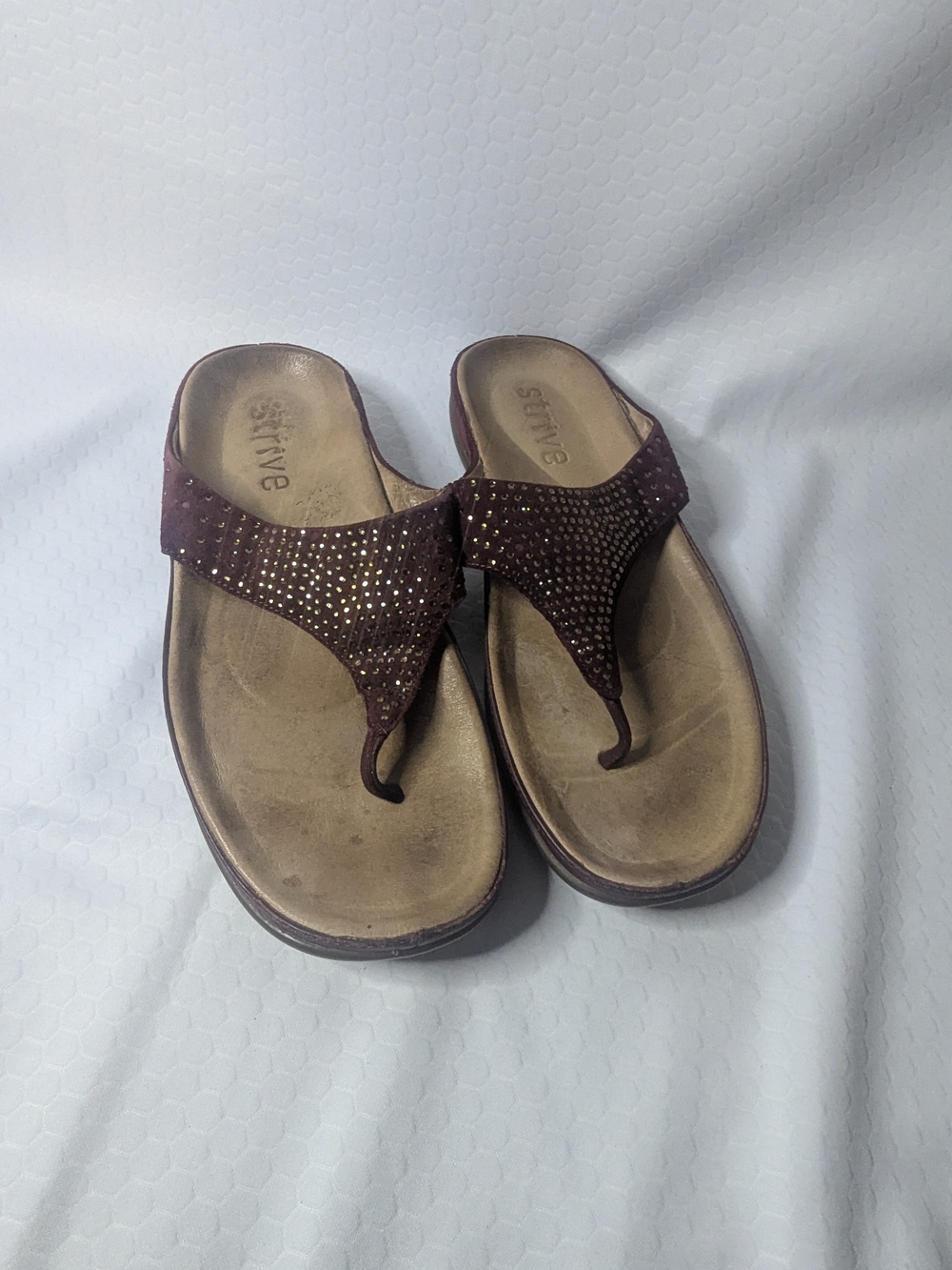 Women’s Burgundy Rhinestone Toe-Post Sandals with Cushioned Footbed